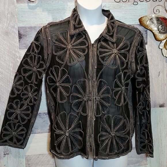 Stonebridge Signature L Black White Floral Weave ZipUp Sheer Cardigan Blouse 524 - Picture 1 of 9